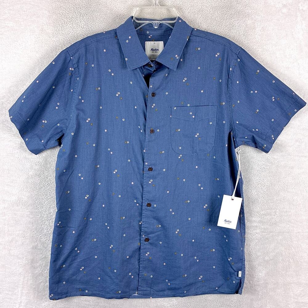 Katin Shirt Mens L Blue Floral AOP Linen Camp Preppy Summer Outdoor Huckberry